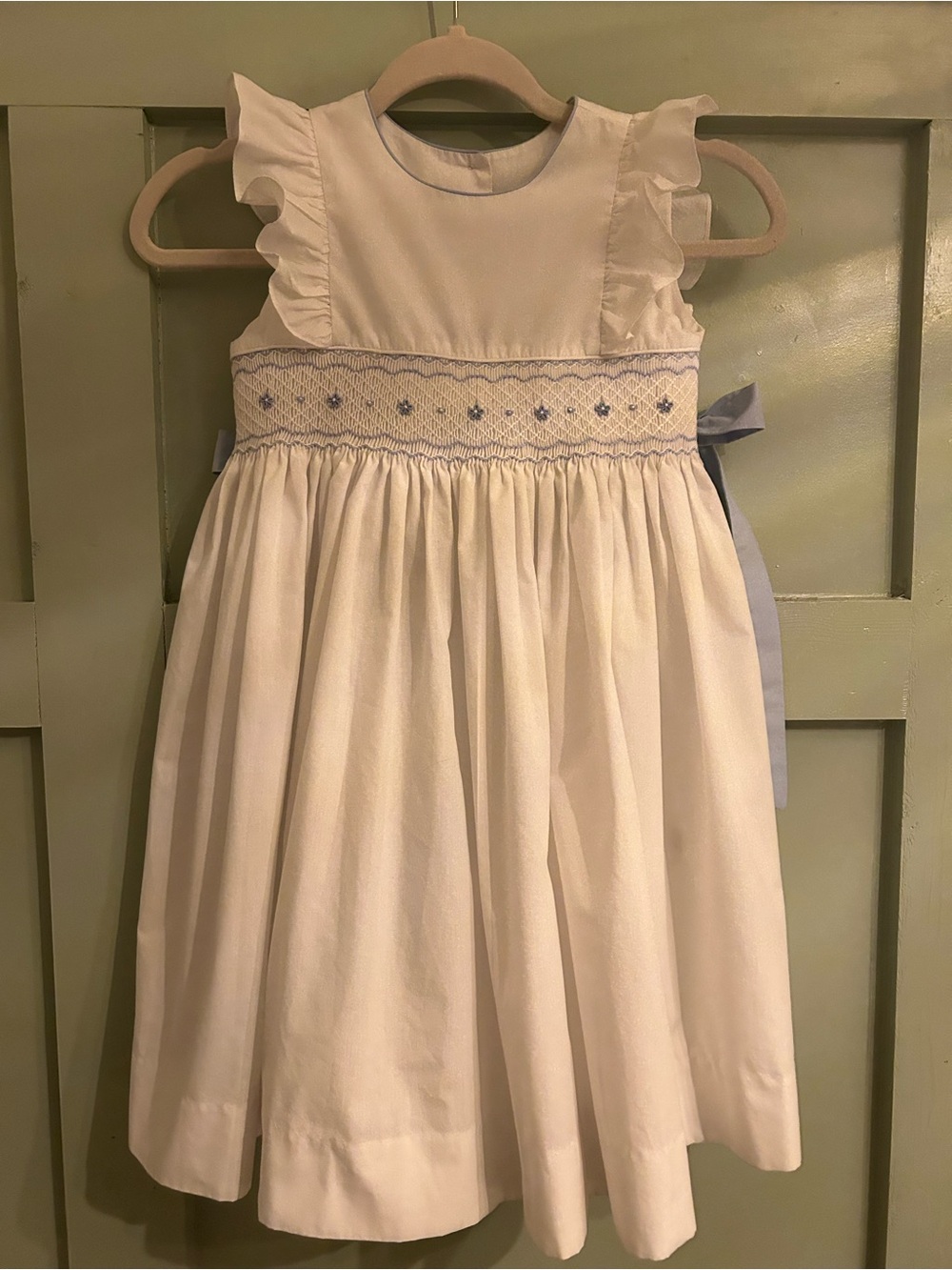 Edgehill Collection White Girls' Dress with Light Blue Smocking